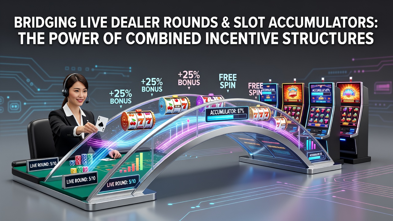 Live dealer table interface merging with slot accumulator progress bars on a casino platform