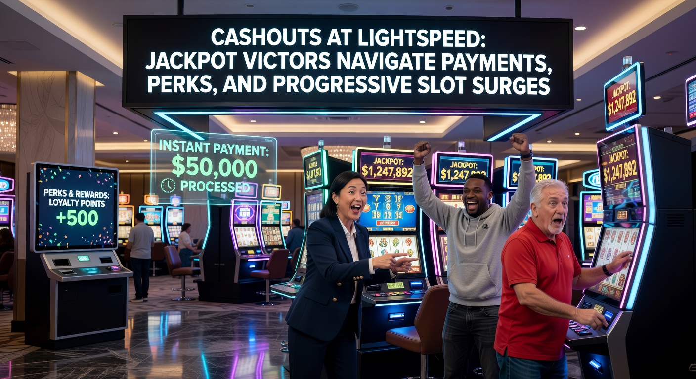 A vibrant digital slot machine screen displaying a massive progressive jackpot ticking upward, with glowing coins cascading down amid lightning-fast payout symbols
