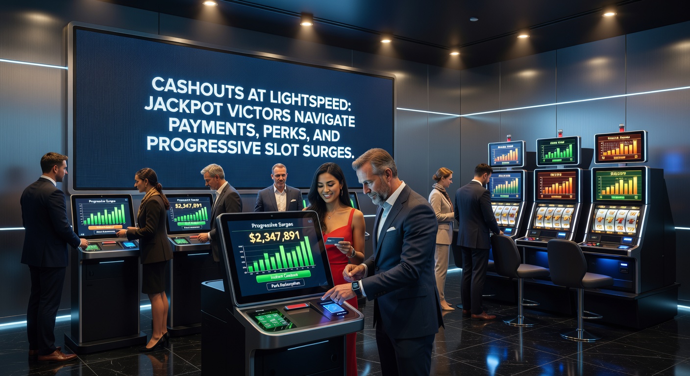A thrilled jackpot winner at a casino counter, holding a oversized novelty check while staff applaud, with digital payout screens and VIP lounge access cards in the foreground