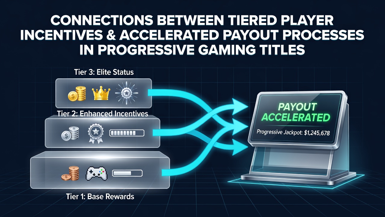 Visual representation of tiered player incentives connecting to faster payout flows in progressive slot environments