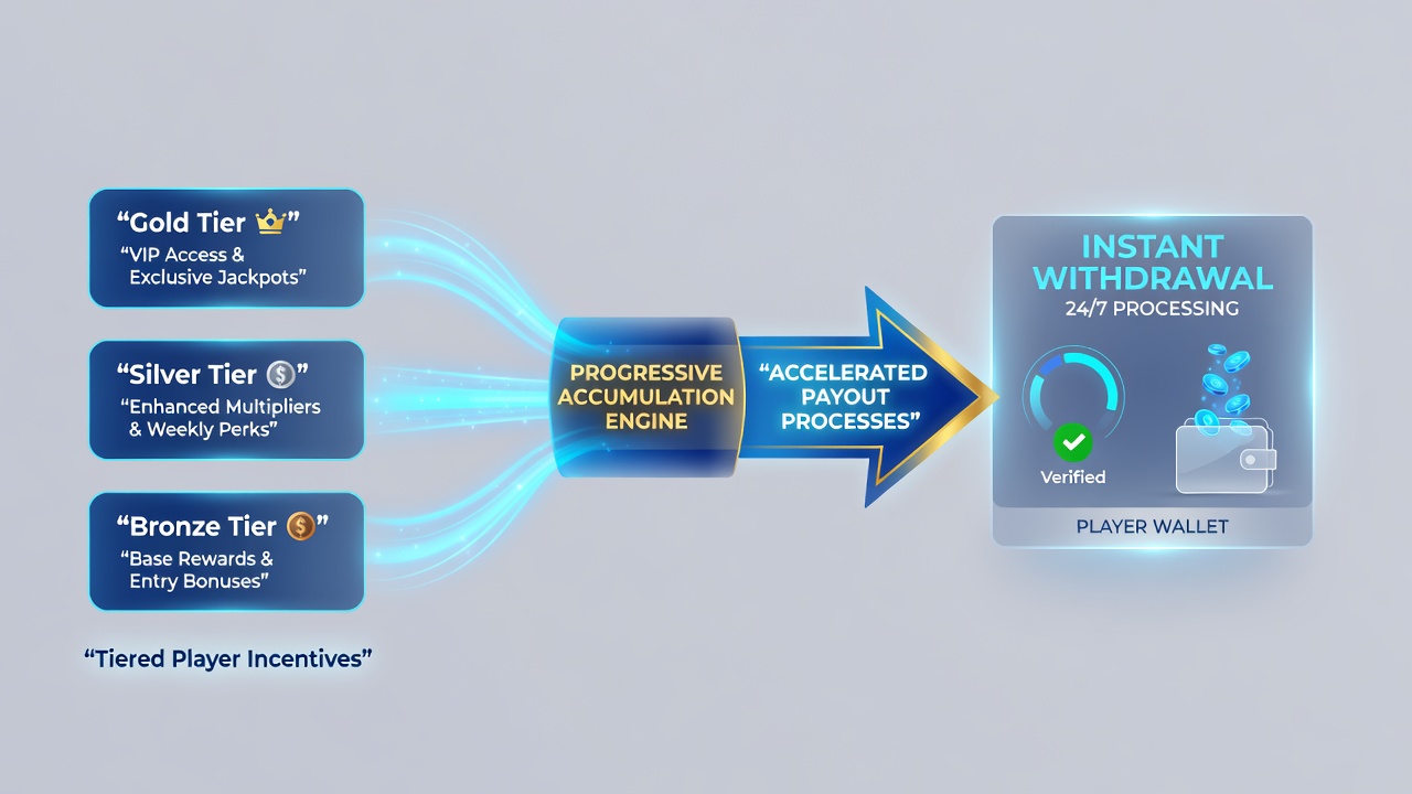 Infographic showing data flows between VIP tiers and instant cashout processes in mobile progressive slots