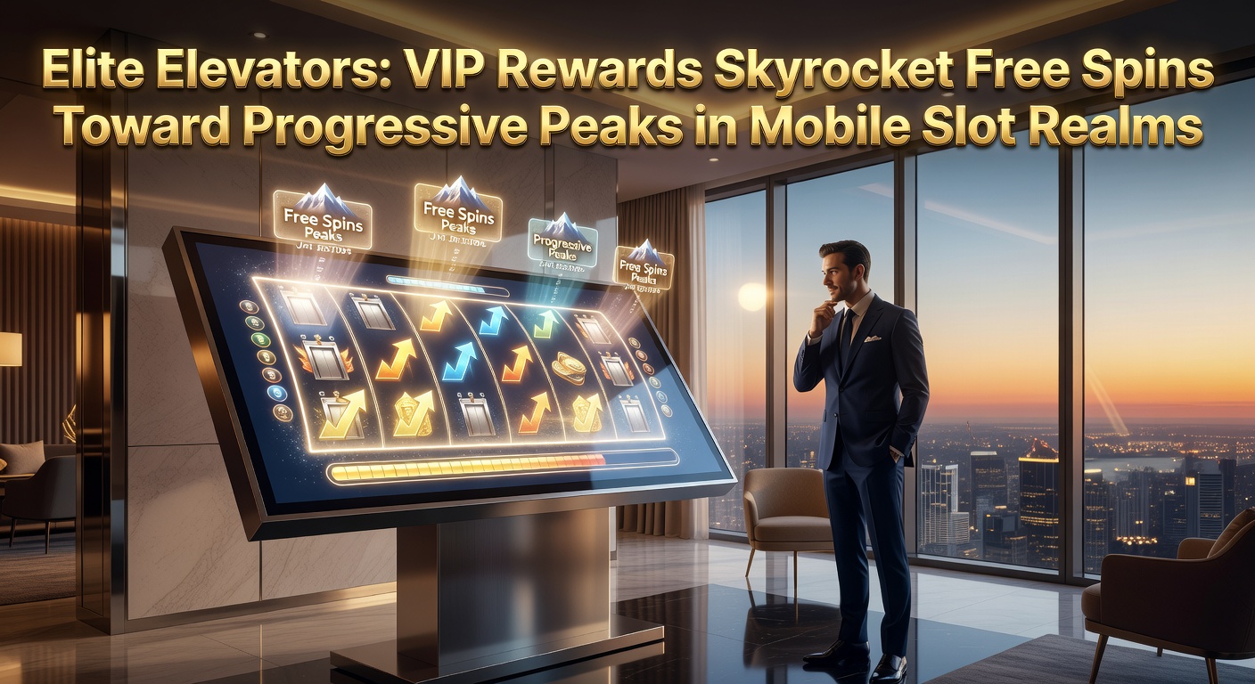 Vibrant mobile slot screen showing elevator-themed VIP rewards climbing toward glowing progressive jackpot peaks amid cascading free spins