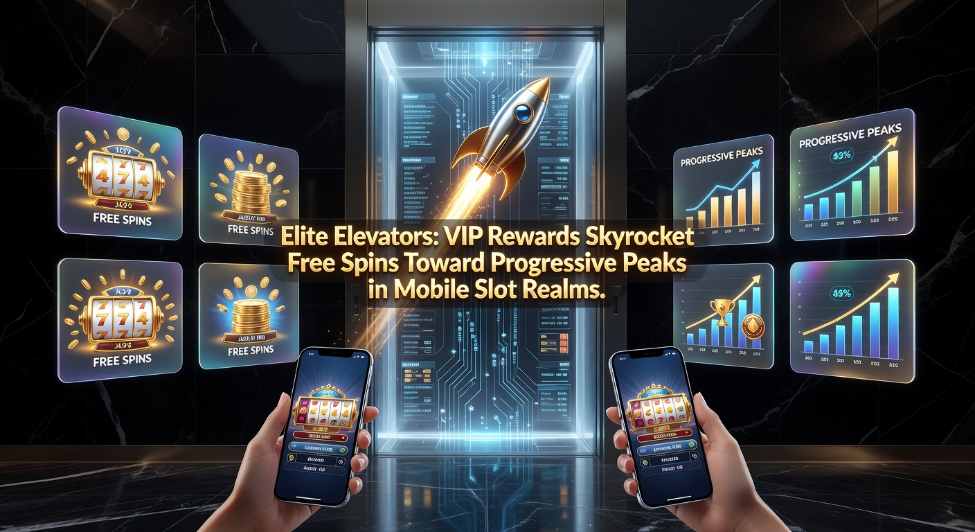 Dynamic graphic of VIP elevator tiers rising through free spin clouds, culminating in explosive progressive jackpot bursts on a smartphone display