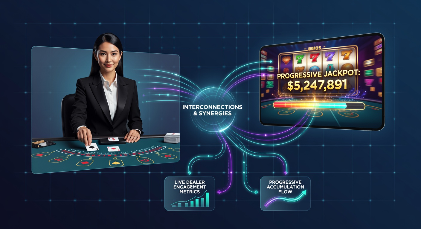 Illustration of interconnected mobile casino features with live dealer stream feeding into progressive jackpot counter