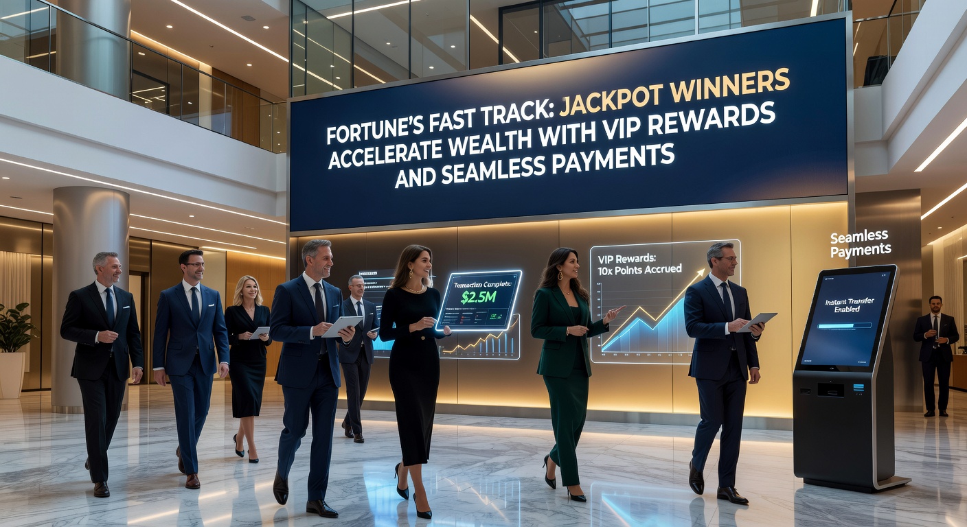 Illustration of swift payment flows from jackpot win to bank account, featuring VIP icons, crypto wallets, and instant transfer arrows