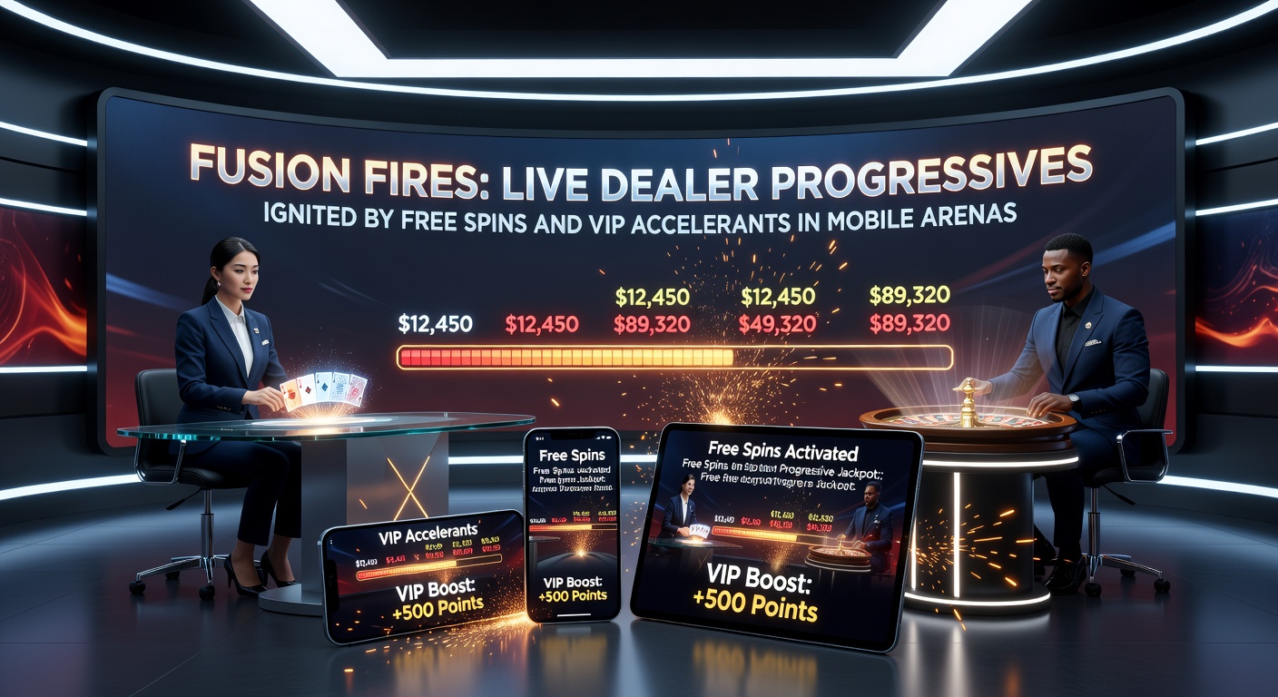 VIP player dashboard on mobile highlighting accelerator badges, live dealer bonus wheel, and surging progressive meter in fusion fire mode
