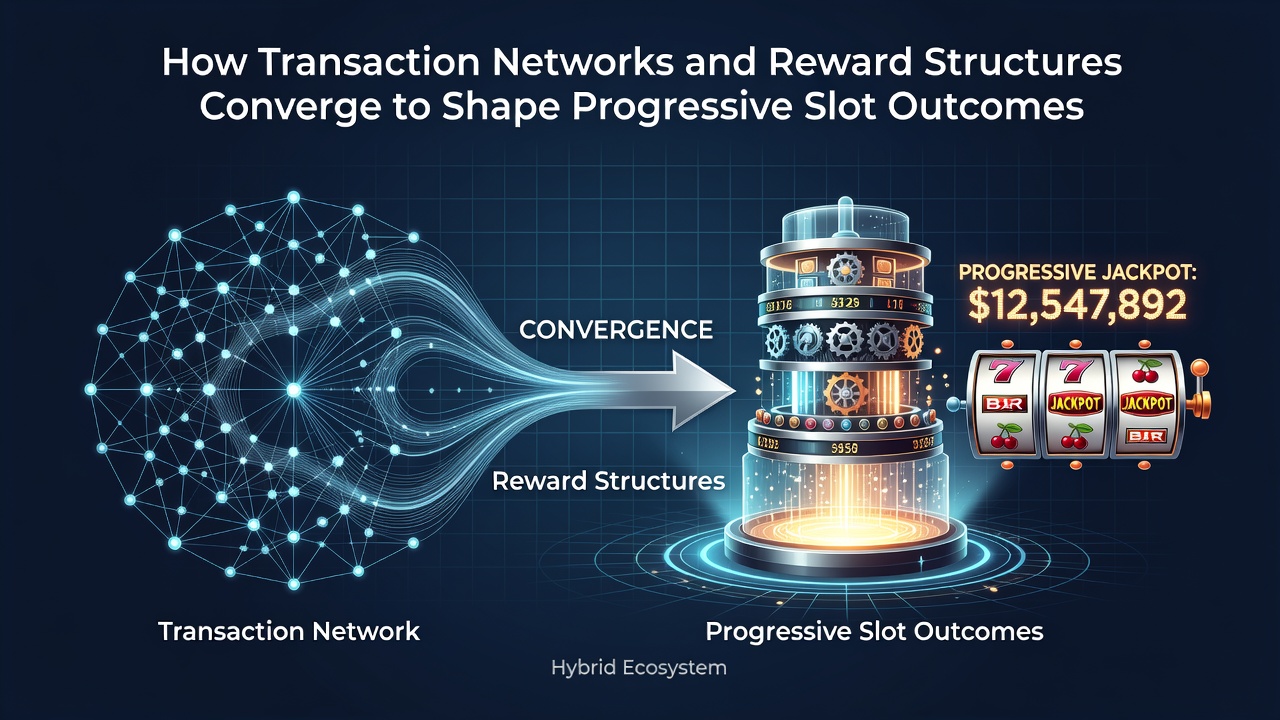 Diagram showing reward structures merging with progressive jackpot outcomes in hybrid settings