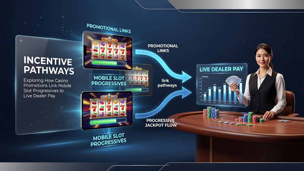 Live dealer table screen with promotional overlay connecting to mobile slot progressive meter