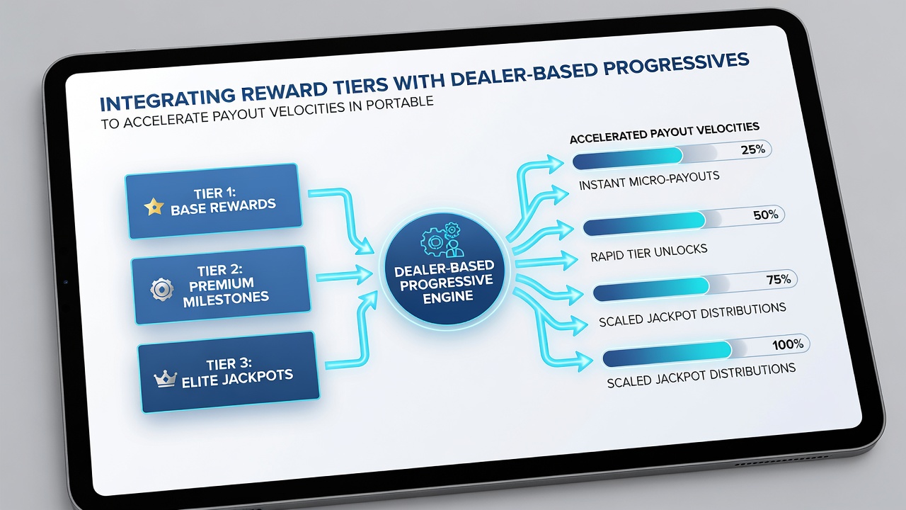 Live dealer table integrated with mobile progressive jackpot display and tiered reward indicators