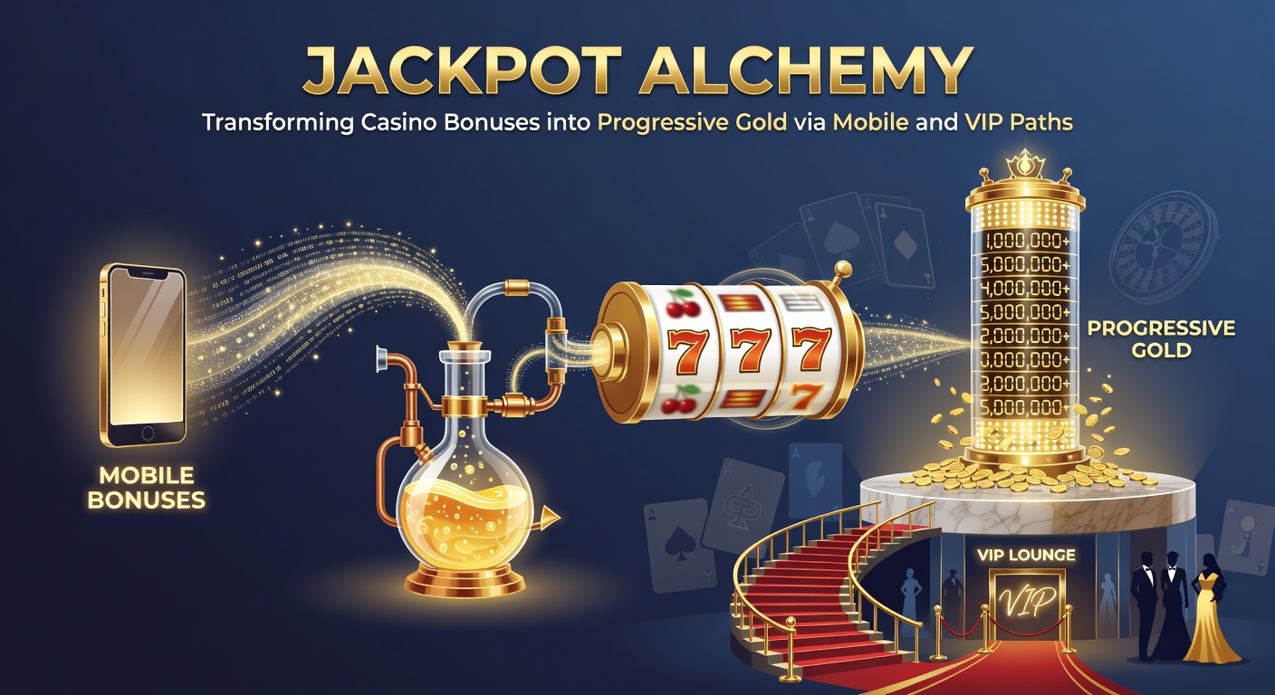 Vibrant casino interface showing progressive jackpot meters climbing alongside mobile screens and VIP badges, illustrating bonus transformations into big wins