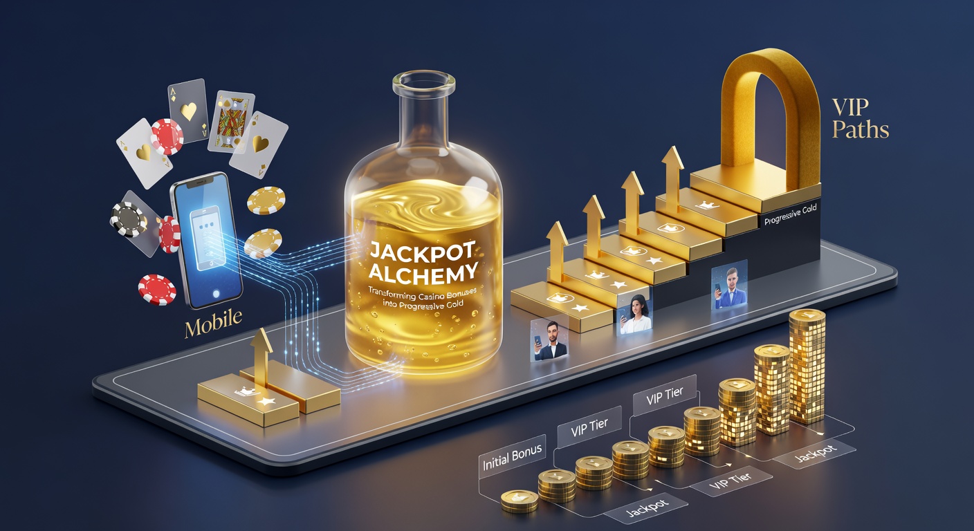 Golden VIP ladder ascending toward a glowing progressive jackpot explosion on a mobile device, with bonus icons transforming along the path