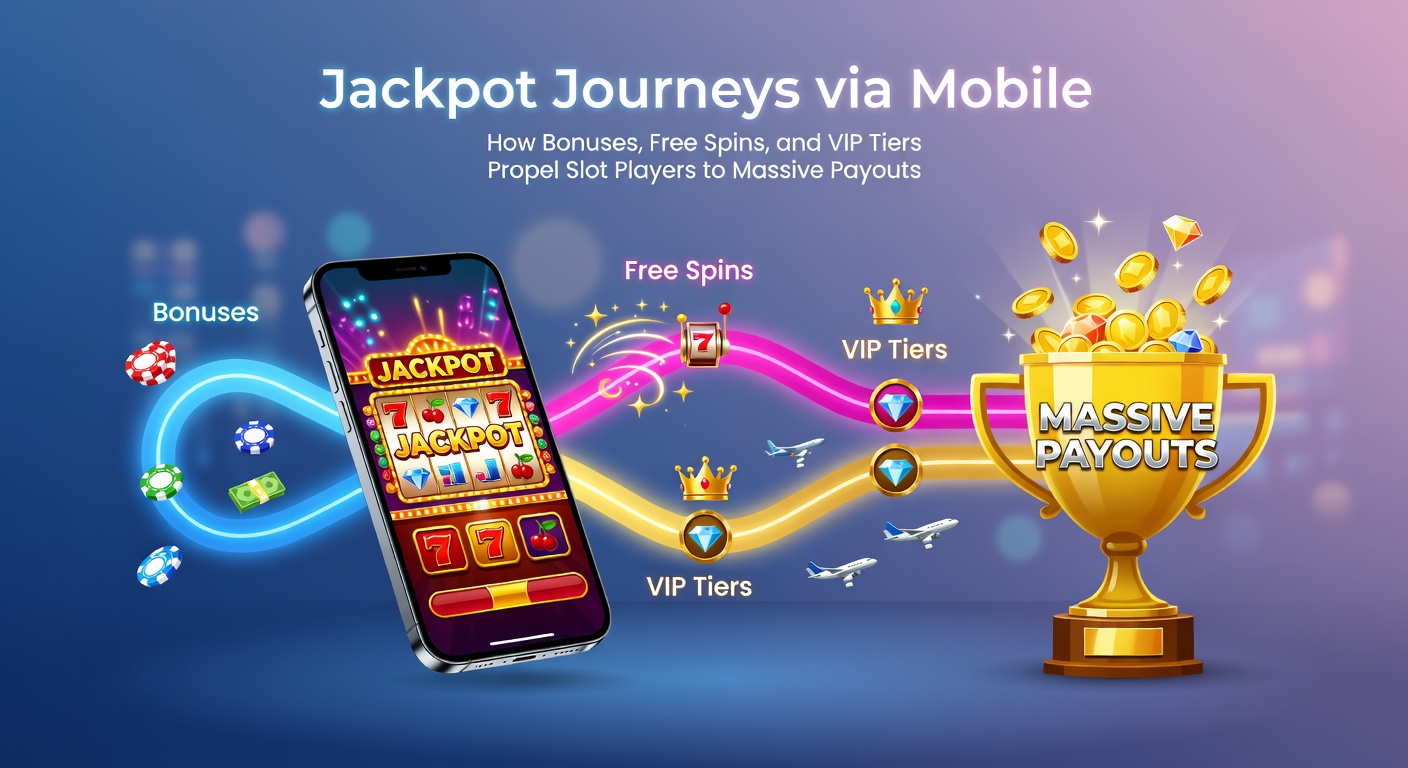 Illustration of stacked free spins and VIP badges unlocking a glowing progressive jackpot on a phone interface, with coins cascading from the reels