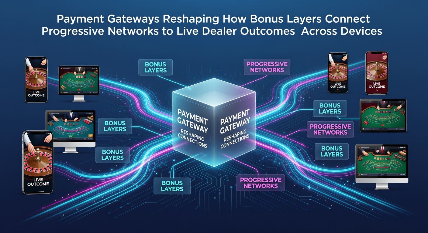 Payment gateway interfaces connecting bonus systems to progressive slot networks and live dealer platforms on various devices