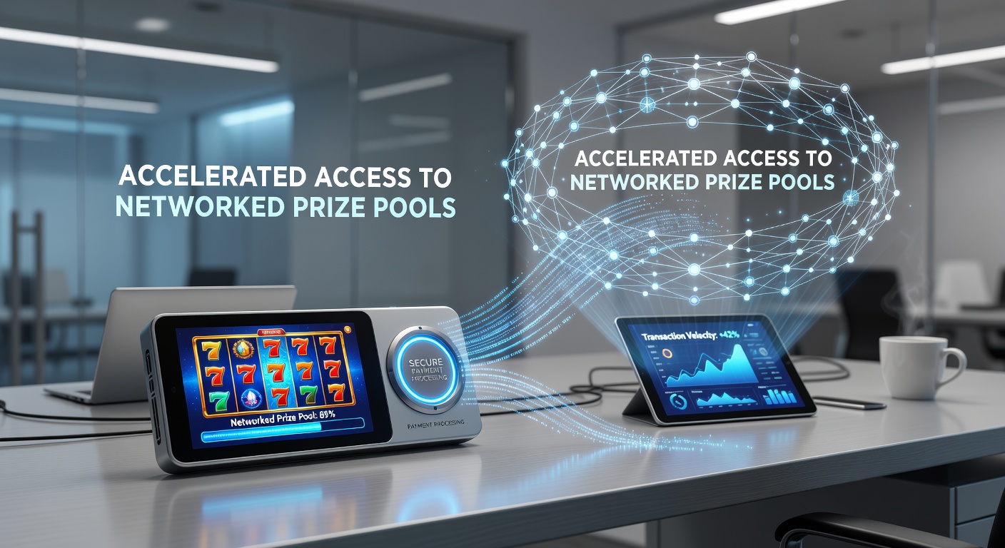 Mobile slot interface displaying real-time connections to networked prize pools through advanced payment gateways