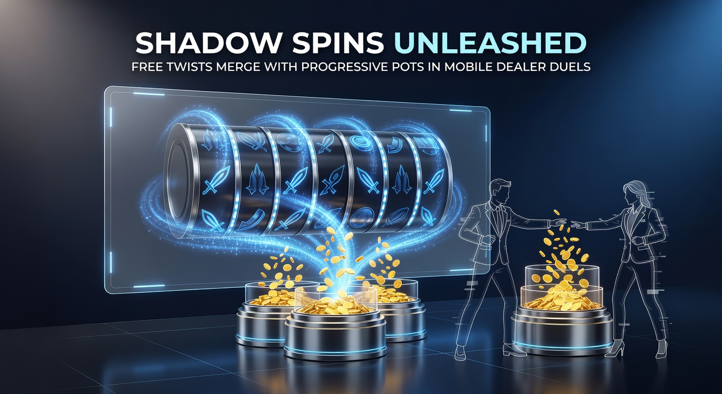 Dynamic mobile screen showing shadow spins merging free twists with glowing progressive jackpot pots during a live dealer duel