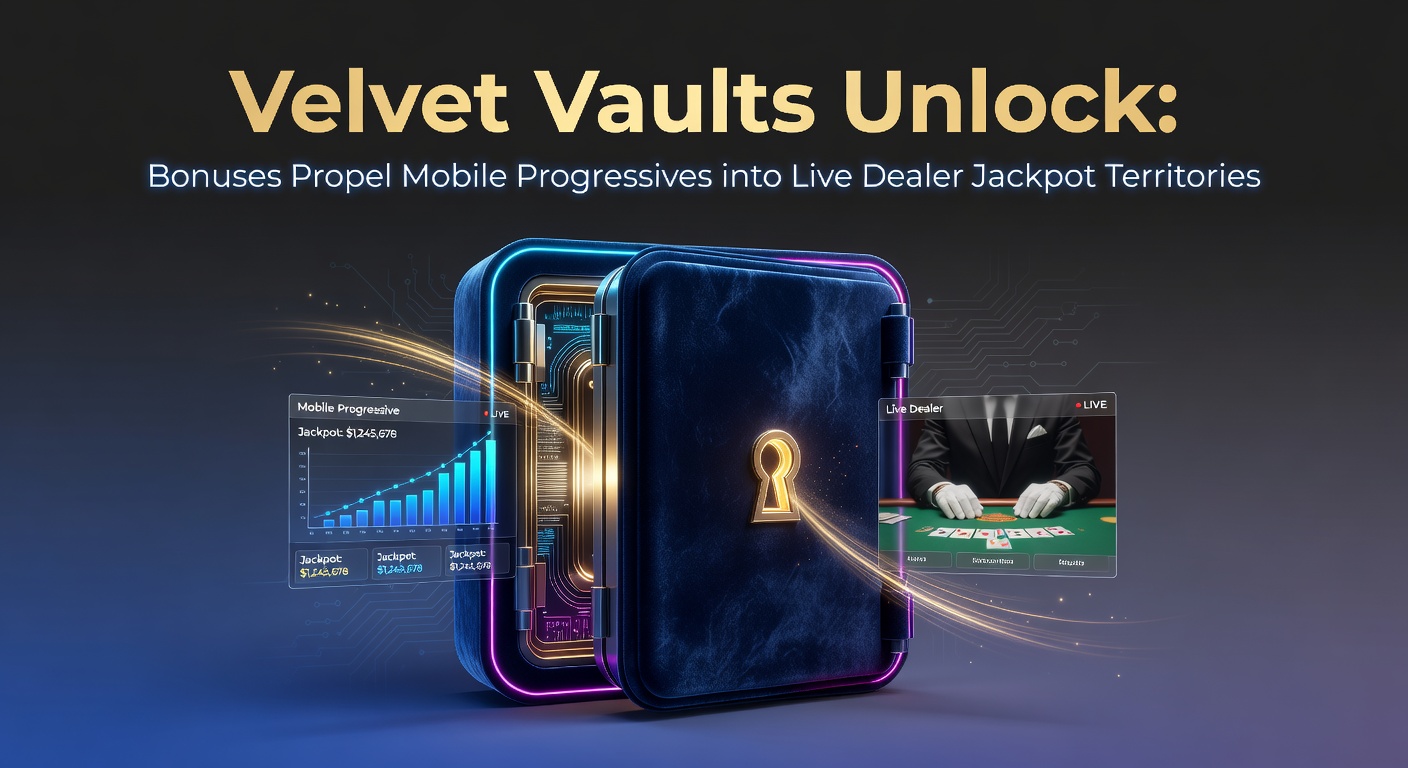 Vibrant casino screen showing Velvet Vaults feature activating a progressive jackpot linked to a live dealer table, with golden vaults unlocking bonus rounds on a mobile device