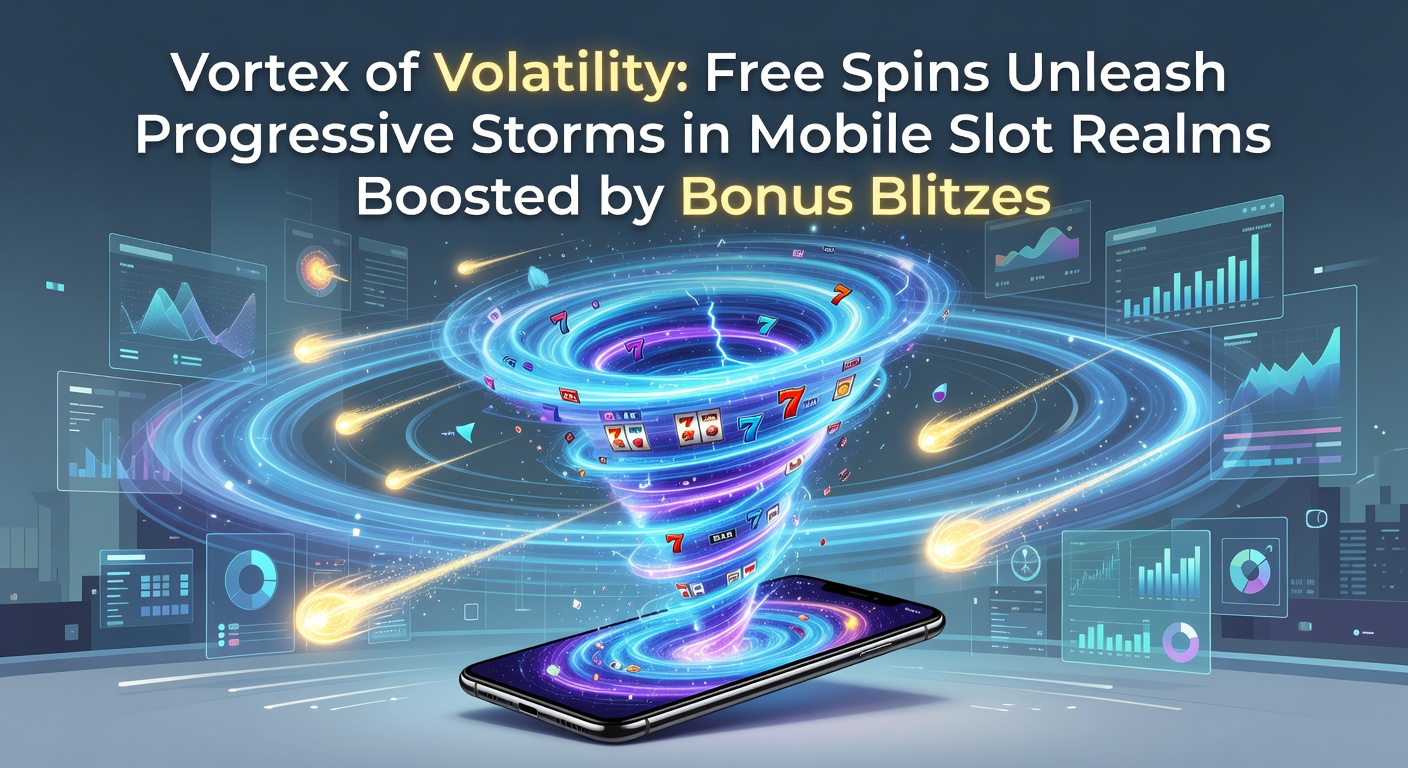 Dynamic graphic of swirling slot reels in a volatile storm, highlighting free spins and escalating progressive jackpots on a mobile screen